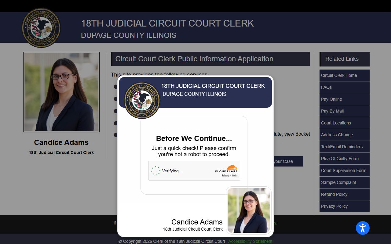 DuPage Circuit Court Clerk public case lookup landing page