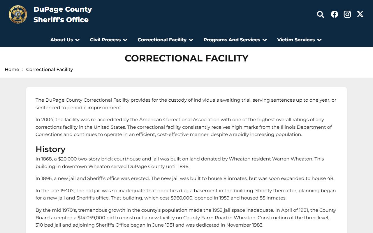 DuPage County Correctional Facility inmate custody information on the sheriff facility page