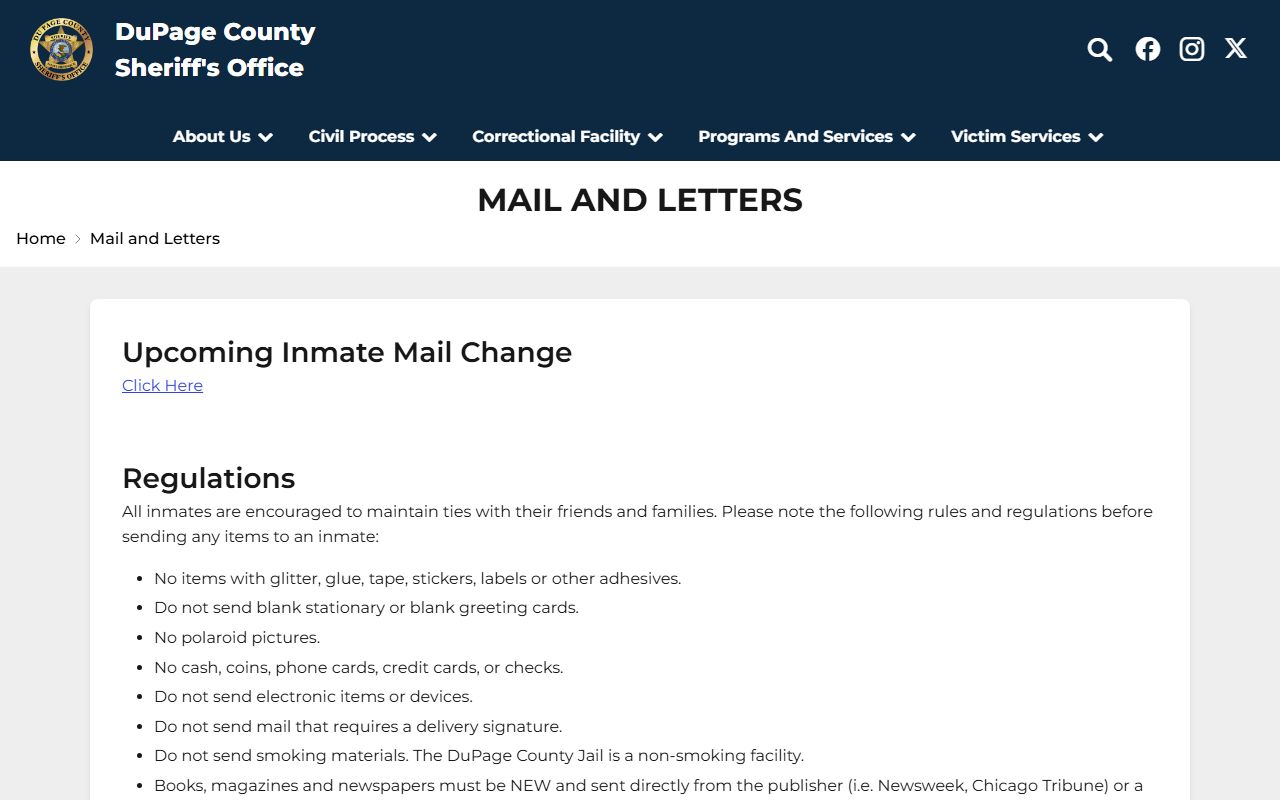 DuPage County Correctional Facility inmate mail and money order rules