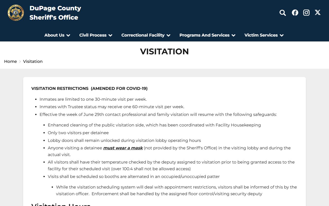 DuPage County Correctional Facility visitation schedule and inmate visit rules